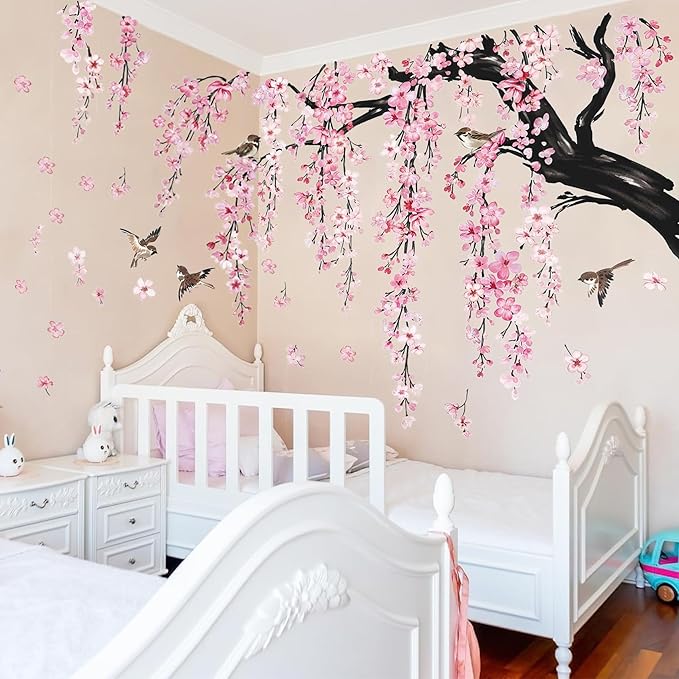 Large Pink Flower Wall Stickers, 47"x71" Removable DIY Romantic Cherry Blossom Tree Wall Murals Peel and Stick 3D Wall Art Stickers Home Decor for Gilrs Bedroom Nursery Rooms Living Room