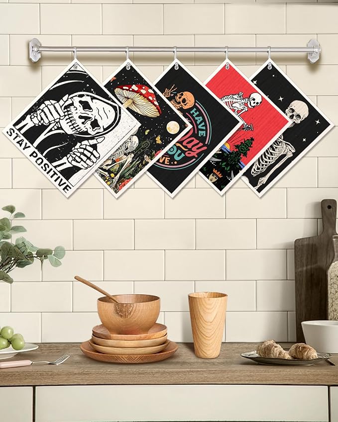 Swedish Dishcloths for Kitchen - 5 Pack Reusable Dish Cloths for Washing Dishes Absorbent Cute Funny Kitchen Towels Cleaning Sponge, Skull Design