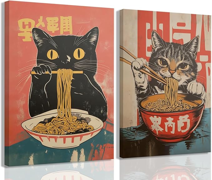 Framed Funny Black Cat Canvas Wall Art Set of 2, Vintage Japanese Cat Eating Ramen Poster, Unique Gifts and Animal Lover Printing Picture for Living Room Kitchen Dining Room Wall Decor 16x24 Inch