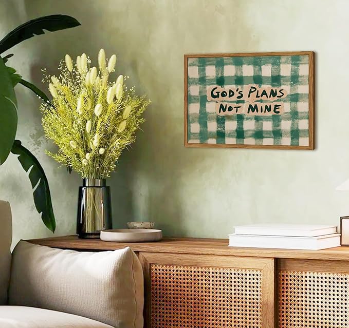 Framed God's Plans Not Mine Canvas Wall Art, Inspirational Faith Quote Pictures Wall Decor, Green Gingham Paintings Prints Christian Home Decor for Living Room Bedroom Dorm Office 12x16 inch