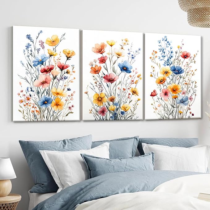 okudolit Colorful Wildflower Framed Canvas Wall Art Set Of 3 Flowers Pictures Prints Flowers Printing Floral Watercolors Flower wall Decor Living Room Bedroom Dinning Room Farmhouse Office-12x16in