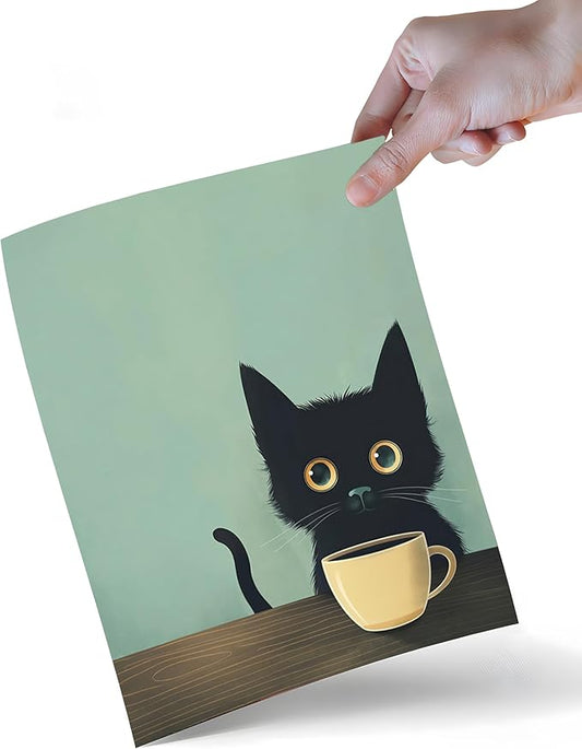 Yaneiro Fun Black Cat Wall Art Abstract Drinking Coffee Picture Cute Retro Black Cat Wall Decor Canvas Poster Print Suitable for Cafe Bar Living Room Restaurant Bedroom 12x16in Unframed