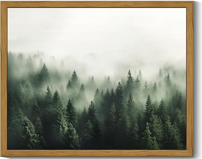 SHENIFY Green Fog Pine Tree Forest Vintage Framed Wall Art Modern Landscape Scenery Farmhouse Artwork Prints Decor for Kitchen Living Room Bedroom Bathroom - 8x10in Natural Framed