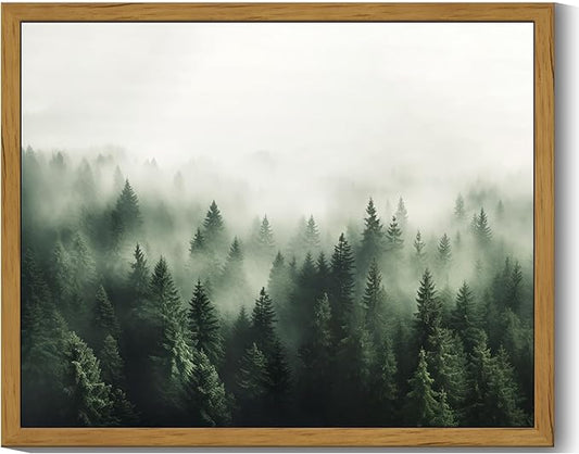 SHENIFY Green Fog Pine Tree Forest Vintage Framed Wall Art Modern Landscape Scenery Farmhouse Artwork Prints Decor for Kitchen Living Room Bedroom Bathroom - 8x10in Natural Framed