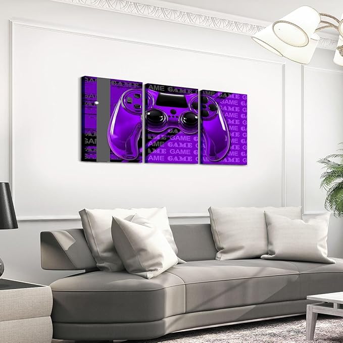 Feelyou Gamer Canvas Wall Art 12" x 16" 3 Piece Game Controller Office Wall Artwork Posters for Teens Adults Gaming Gifts Bathroom Wall Art for Home Gamepad Purple and Black Wall Painting