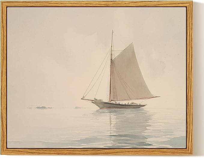 InSimSea Framed Canvas Print Art, Vintage Nautical Sailboat Landscape Painting, Rustic Farmhouse Cottage Decor for Hallway Wall Floating Shelf Desk Vanity Fireplace,10x8in, Neutral Tones