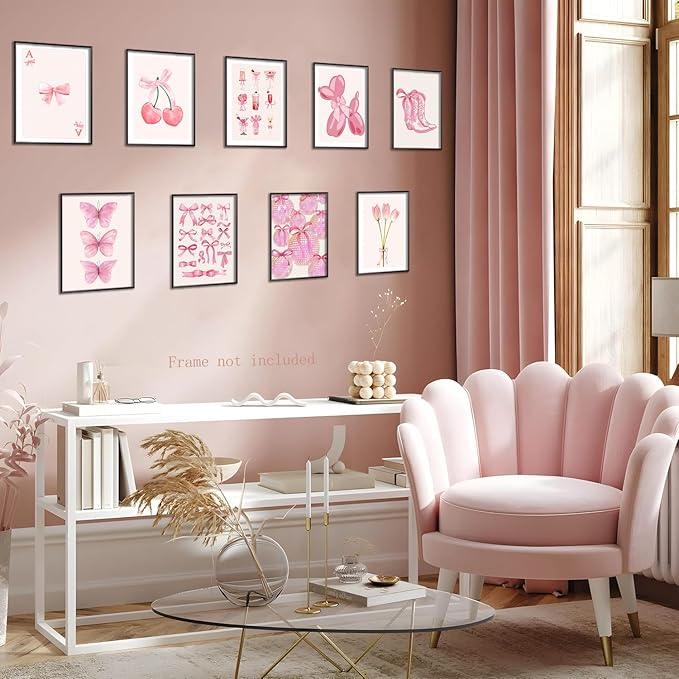 Ucninvd Pink Bow Wall Art Posters Set of 9 Trendy Coquette Preppy Wall Decor Paintings Disco Ball Girly Room Decor Aesthetic Canvas Pictures Prints for Bathroom Living Room Dorm 8x10Inch Unframed
