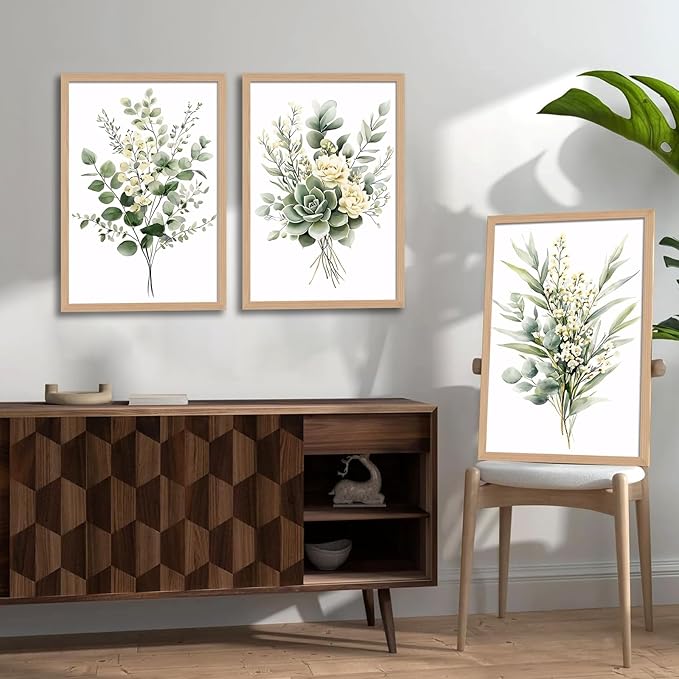 3Pcs Framed Vintage Botanical Wall Art Plant Floral Watercolor Canvas Prints Sage Green Painting Eucalyptus Leaf Picture Modern Minimalist Boho Bedroom Bathroom Living Room Ready to Hang 12x16in