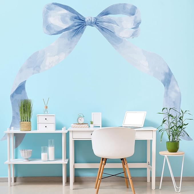 59 x 45 Inch Large Boho Bow Wall Stickers Peel and Stick Coquette Girl Room Decor Large Watercolor Bow Stickers Preppy Waterproof Vinyl Decals Wall Decor for Girl Room Nursery(Pastel Blue)