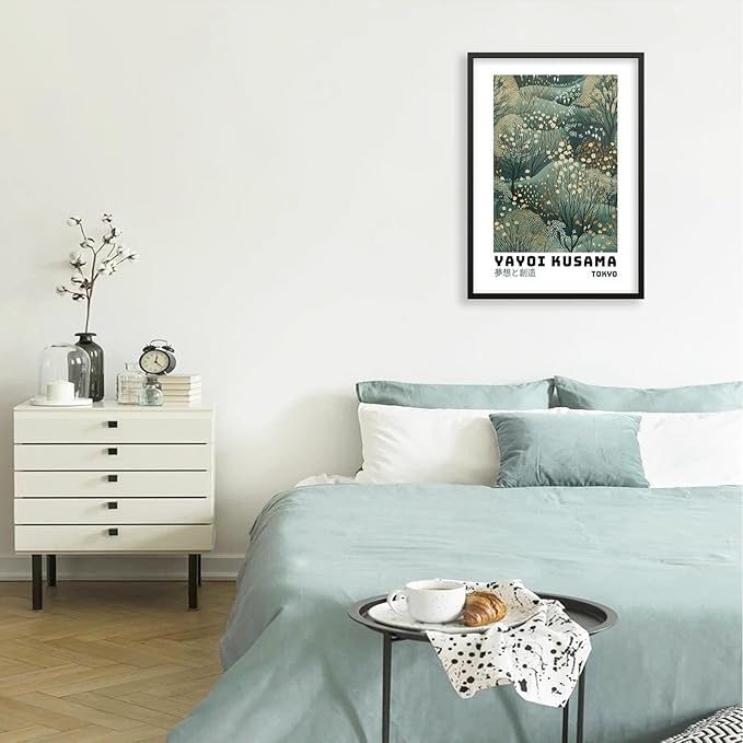 Yayoi Kusama Inspired Poster Japanese Botanical Wall Art Abstract Yayoi Kusama Print Modern Ukiyo-e Japanese Gallery Wall Decor 20x30in Black Framed for Home Bedroom Decorations