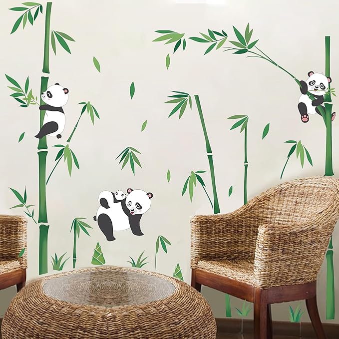 Panda Decor Wall Stickers Bamboo Wall Art Decals, Green Plants Peel and Stick Wall Murals Bamboo Wall Decoration Decals for Baby Kids Bedroom Nursery Living Room Décor