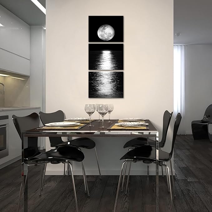Artmyharbor Full Moon Phase Canvas Wall Art Vertical Black and White Picture Moon on Sea Print Modern Bedroom Decorations Cool Apartment Decor for Men