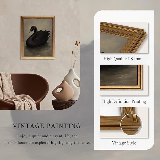 Aroutde Framed Black Swan Canvas Wall Art, Vintage Gold Frame Swan Printing, Rustic Farmhouse Animal Picture for Living Room Bedroom Bathroom Decor (10L x 8W, Framed)