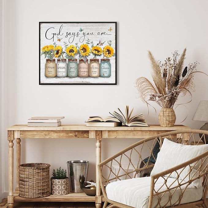 God Says You Are Wall Art: Christian Wall Art Framed Inspirational Quotes Bible Verse Wall Decor for Living Room Bedroom,Sunflower Pictures Religious Scripture Wall Art Prints Posters 12"x15"