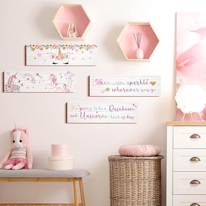 Yulejo Unicorn Wall Decor Girls Rainbow Wall Art Unicorn Room Decor Rainbow Motivational Inspirational Room Bedroom Decoration for Christmas Girl Kids Bedroom Nursery Decoration Gift (Delicate Style)