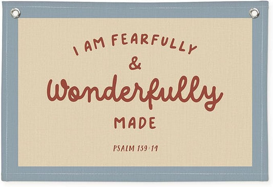 Kids Room Decor - Bible Verse Wall Hanging, 'I am Fearfully and Wonderfully Made' Linen Banner, Canvas Decoration for Classroom, Nursery - Blue