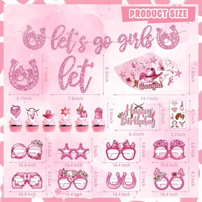 Cowgirl Party Decorations, 144 Pcs Pink Cowgirls Cow Girl Bday Party Decor Supplies for Girls - Backdrop, Banner, Tablecloths, Centerpieces, Paper Glasses, Hat, Stickers, Wall Signs