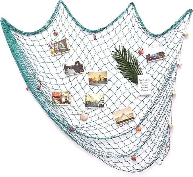 2 PCS Fish Net Decorations with Shells 80 x 40 Inch Ocean Themed Party Decor Beach Nautical Wall Hanging Fishing Net for Coastal Bedroom Bathroom or Under The Sea Party Decorations (Aqua-with Shells)