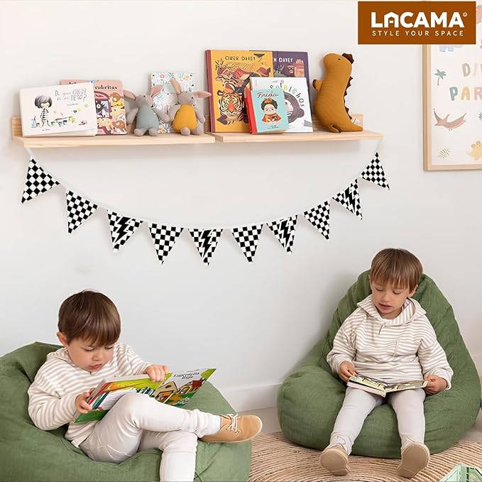 Lacama Cars Room Wall Art Decor Checkered Flag Banner for Toddler Nursery Playroom, Toddler Boy Room Decor，Black and White Checkered Garland Triangle Banners,Bunting Flags for Shower Birthday Party xsj