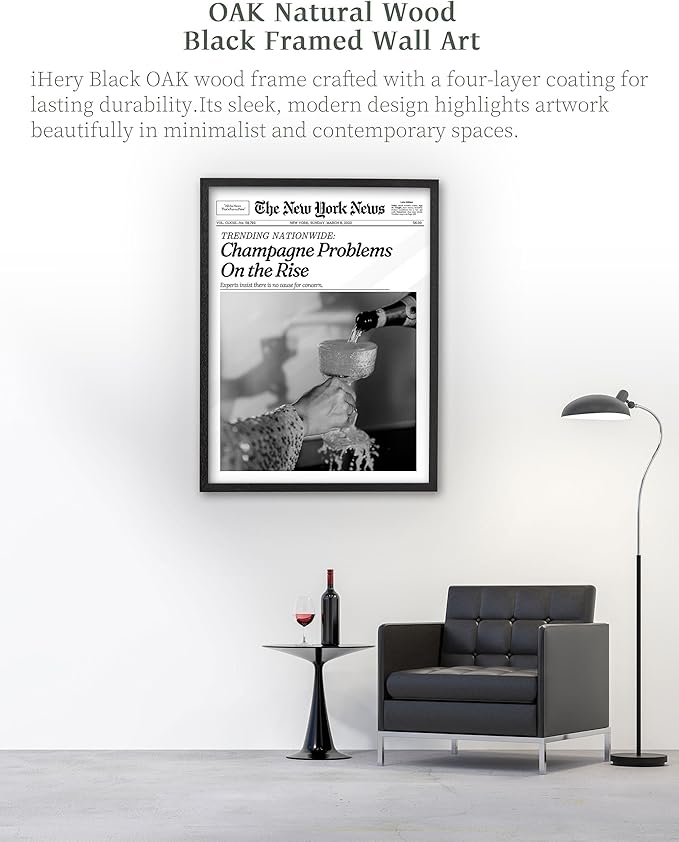 iHery Premium Natural Black OAK Wood 12x16in Champagne Problems On the Rise Newspaper Trendy Framed Wall Art, Vintage Funny Canvas Wall Decor For Girly Dorm Bedroom Living Room 1Pack