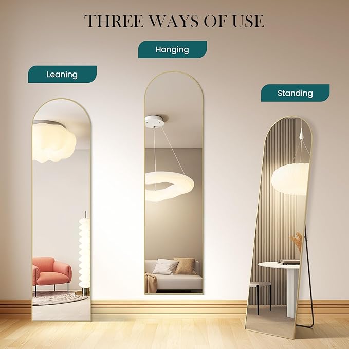 DUMOS Arched Full Length Mirror with Stand Floor Standing Aluminum Frame for Bedroom Body Hanging Leaning Modern Simple Home Decor Shatter-Proorf Nano Glass Wall Living Room Cloakroom Gold 59.1"x15.8"