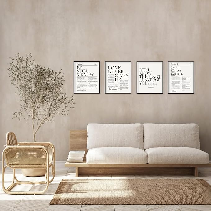 Locomiss Black and White Christian Wall Art Decor, Modern Bible Verse Prints, Minimalist Jesus Scripture Wall Decor, Inspirational Bible Posters for Bedroom Office Living Room, Set of 4 (8x10 Unframed)