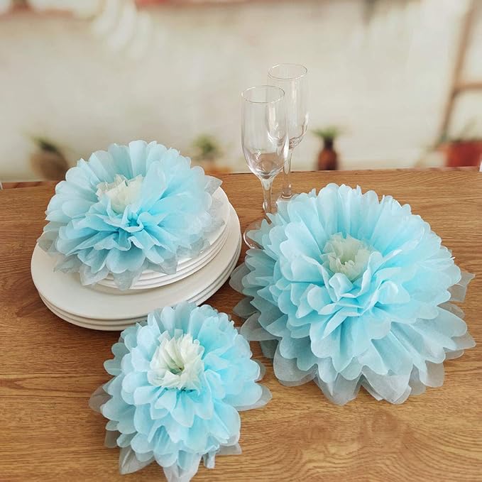 Mybbshower 9pcs Mixed 7'' 9'' 11'' Blue Tissue Paper Pom Poms Flower for It's A Boy Baby Shower Birthday Nursery Room Decorations
