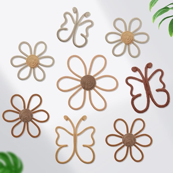 Wesiti 9 Pcs Boho Nursery Decor 3 Size Daisy Flower and Butterflies Woven Macrame Wall Hanging for Home Nursery Bedroom Dorm Wall Art(Retro Color)