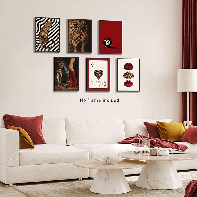 XBQZFLHT Red Cheetah Print Room Decor, Trendy Y2K Leopard Wall Art Pictures, Burgundy Red Wallpaper Style for Girls Bedroom Dorm(Set of 6, 8x10, Unframed)