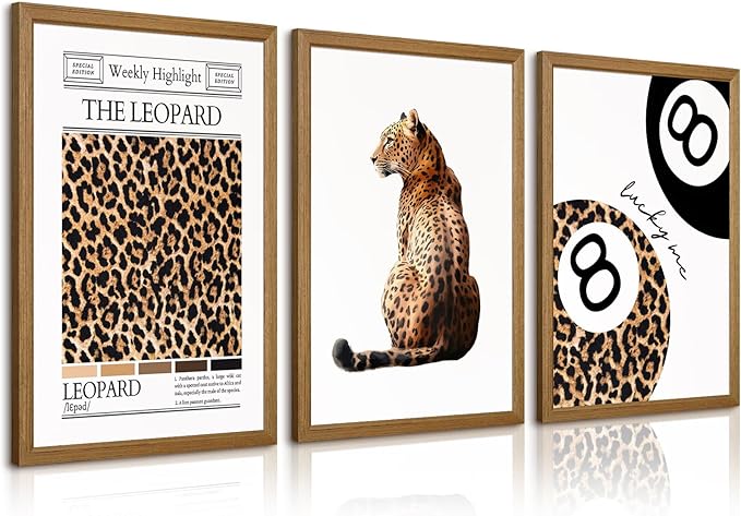 Trendy Leopard Wall Art Cheetah Print Canvas Wall Decor 8 Ball Poster Preppy Room Aesthetic Pictures Funky Coquette Vintage Prints Y2k Fashion Lucky Posters for Bedroom 12x16x3 Inch Framed
