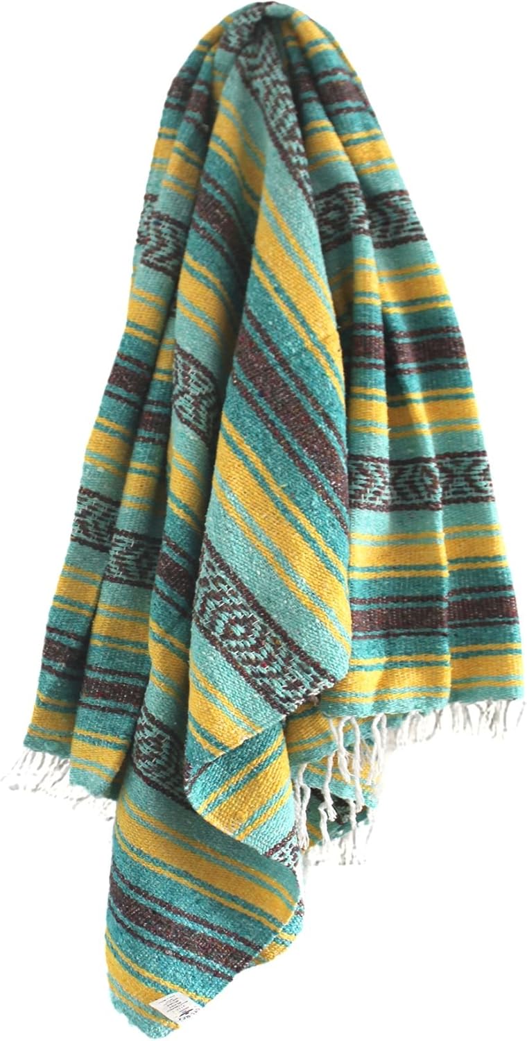 Del Mex Classic Mexican Blanket, Large Authentic Woven Falsa Throw (70"x50"), Artisan Southwest Décor for Beach, Yoga, Outdoors (Teal/Yellow)