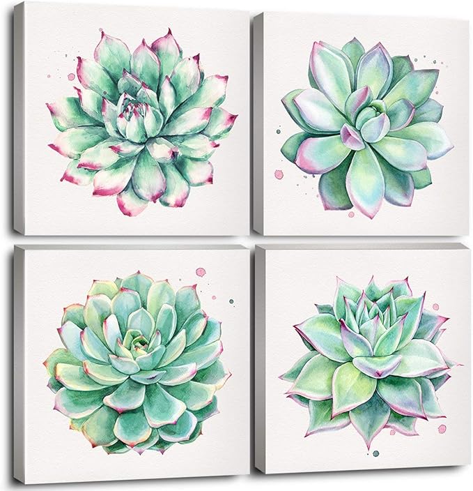 YOOOAHU Home Wall Art Decor Succulent Plants Simple Life Canvas Paintings Posters Prints 24" x 24" 4 Pieces Watercolor Hand-Drawn Green Leaf Framed Nature Pictures for Living Room Kitchen Decorations