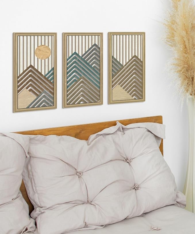 Putuo Decor Mountain Line Wall Art Set of 3, Modern Abstract Nature-Inspired Cut-Out Panels, MDF Wall Decor with Chevron Stripes and Sun Design for Living Room Bedroom Office