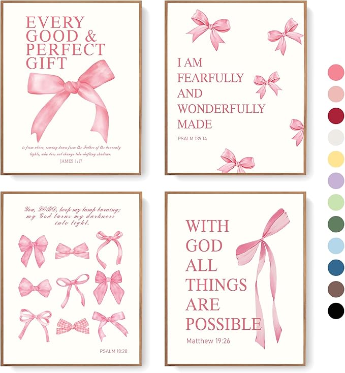 LARTSFRO Coquette Pink Bow Christian Wall Art Decor Posters, Pink Bow Christian Bathroom Room Bedroom Dorm Wall Art Decor Aesthetic for College Teen Girls Gifts,Inspirational Bible Verses Bow Wall Decor, 10x8 Inch Set of 4 Bow Pictures(UNFRAMED)
