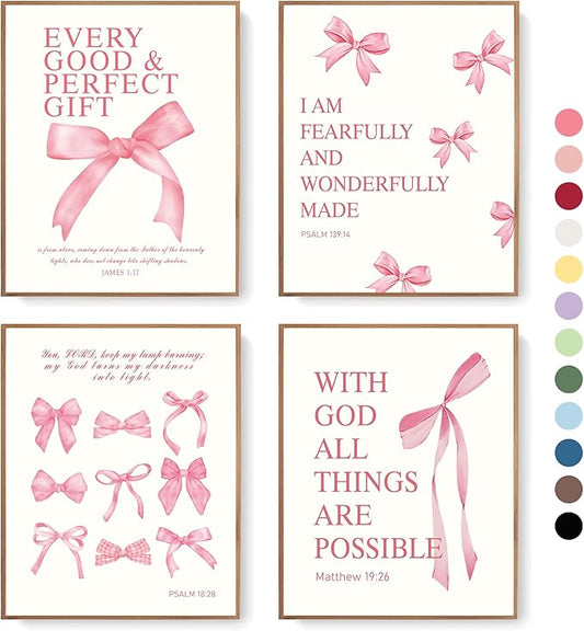 LARTSFRO Coquette Pink Bow Christian Wall Art Decor Posters, Pink Bow Christian Bathroom Room Bedroom Dorm Wall Art Decor Aesthetic for College Teen Girls Gifts,Inspirational Bible Verses Bow Wall Decor, 10x8 Inch Set of 4 Bow Pictures(UNFRAMED)