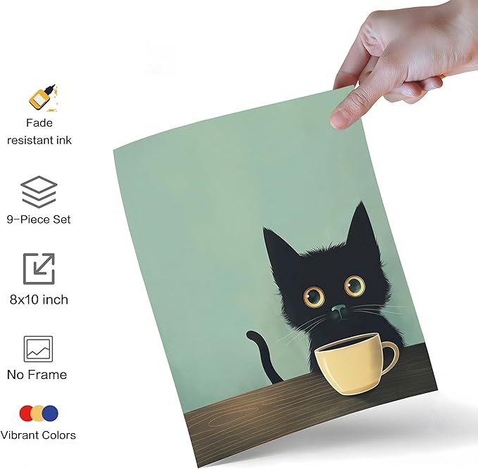 Yaneiro Fun Black Cat Wall Art Abstract Drinking Coffee Picture Cute Retro Black Cat Wall Decor Canvas Poster Print Suitable for Cafe Bar Living Room Restaurant Bedroom 12x16in Unframed