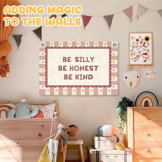 Pink Girls Room Decor, Girl Nursery Decor Boho Retro Classroom Wall Hanging Canvas Banner, Be Silly Honest Kind Classroom Wall Art Decor for Kids Nursery Toddler Room Bedroom Playroom, 30x20