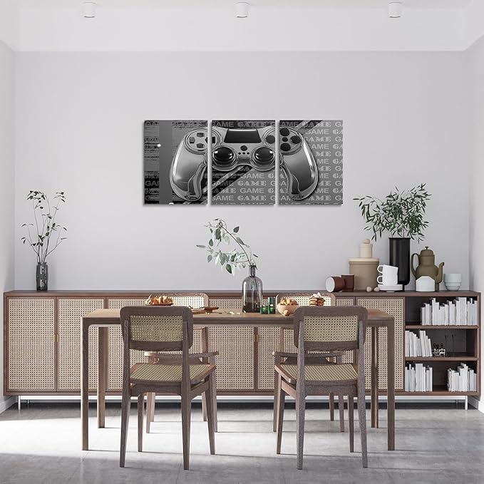 Feelyou Gamer Canvas Wall Art 12" x 16" 3 Piece Game Controller Office Wall Artwork Posters for Teens Adults Gaming Gifts Bathroom Wall Art for Home Gamepad Grey and Black Wall Painting
