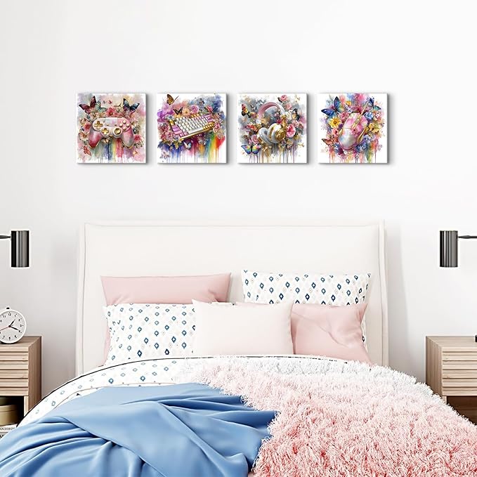 Pink and Gold Gaming Wall Art for Gamer Girls Room Decor Graffiti Flowers Butterfly Pictures Bedroom Playroom Aesthetic Game Gamepad Headphone Canvas Prints Games Posters Home Decoration 12x12” 4Pcs