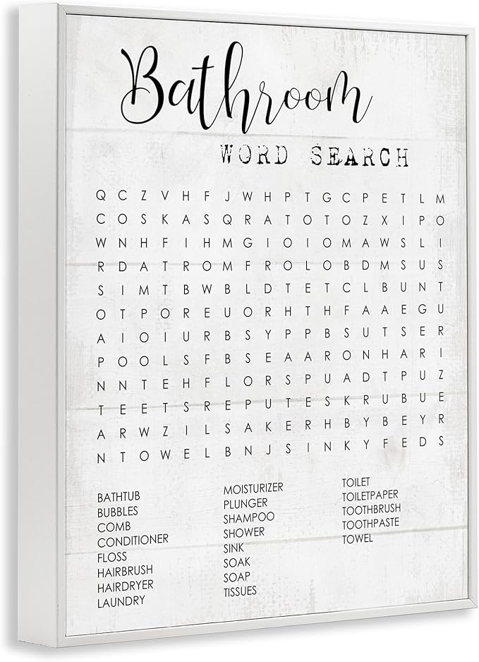 Art Piece 'Bathroom Word Search Family Fun', Framed Giclee Art, White, 24 x 30 - Sturdy Block Frame Ready to Hang -Proudly Made In USA (Johnston, RI) - Design By: Lil' Rue