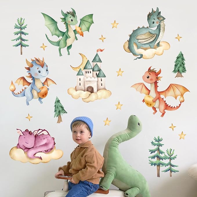 Yovkky Baby Dragon Wall Decals Stickers, Watercolor Castle Pine Tree Cloud Moon Stars Neutral Toddler Nursery Decor, Dragon Eggs Home Decorations Kids Girls Boys Bedroom Playroom Art