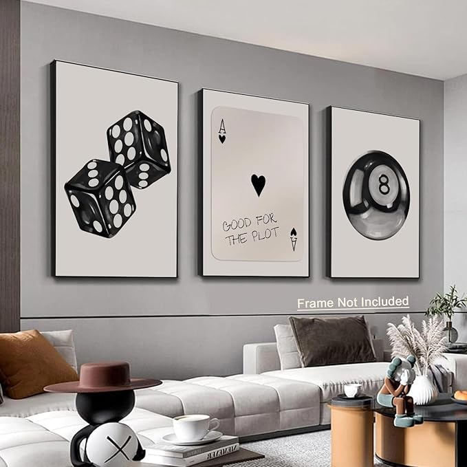 BOKPEN 3Pcs Black and White Poker Dice Wall Art Funky Retro Y2K Trendy Preppy Pictures Lucky 8 Ball Poster Canvas Prints Artwork Painting for Game Room Apartment Dorm Aesthetic Decor 12x16in Unframed