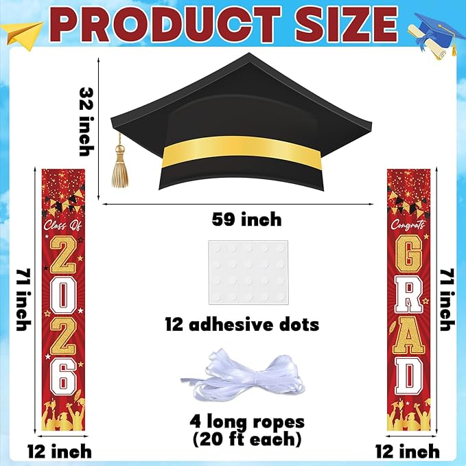 3Pcs Graduation Cap Door Banner 2026 Graduation Door Decoration Class of 2026 Porch Sign Congrat Grad Hanging Banner Decor Grad Party Indoor Outdoor Wall Decor Photo Prop Supplies Red Black