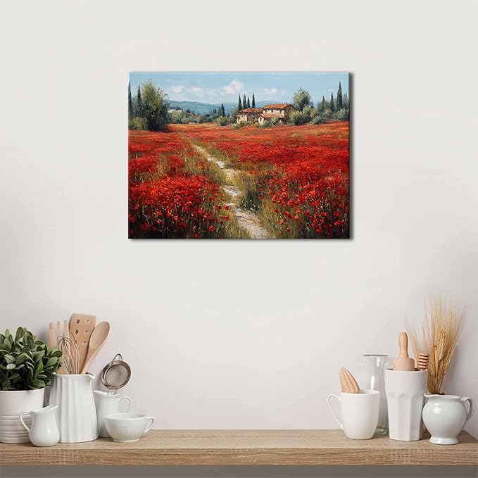 Abstract Red Poppy Wall Art Nature Flowers Botanical Wall Decor Farmhouse Spring Floral Pictures for Bathroom Rustic Country Wildflowers Painting Artwork for Living Room Bedroom Home Decoration 12x16"