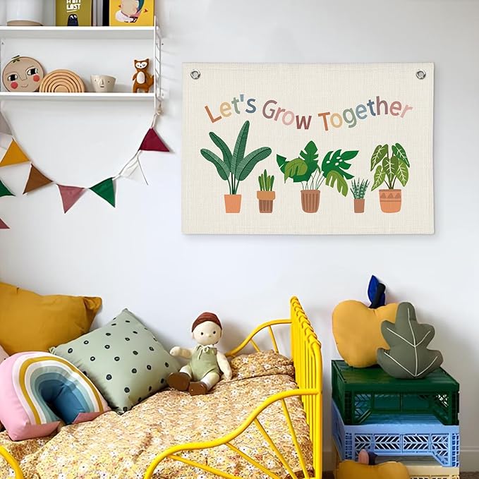 Plant Classroom Decor, Back to School Decorations, Positive Affirmations Green Wall Decor Canvas Banner, Lets Grow Together Nature Education Wall Art