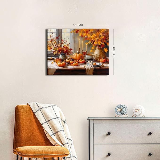 Pumpkin Wall Art Fall Kitchen Wall Decor Farmhouse Halloween Canvas Prints Pictures Autumn Maple Leaves Painting Rustic Thanksgiving Harvest Themed Artwork for Dining Room Home Decoration 12x16"