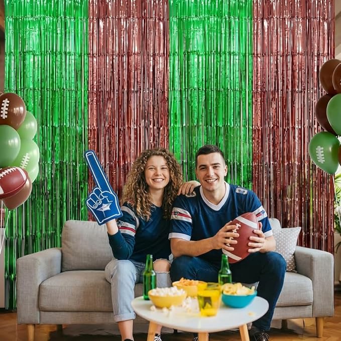 2 Pack Football Party Decorations, 3.28 FT x 6.58FT Tinsel Backdrop, Green Brown Foil Fringe Curtains Metallic Party Streamer, Football Party Supplies Game Day Decorations 2026 Birthday Party Supplies