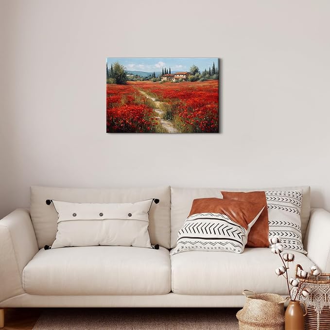 Abstract Red Flowers Wall Art Nature Poppy Landscape Canvas Wall Prints Vintage Floral Field Posters for Bathroom Country Flower Scenic Paintings Artwork for Living Room Bedroom Home Decoration 16x24"