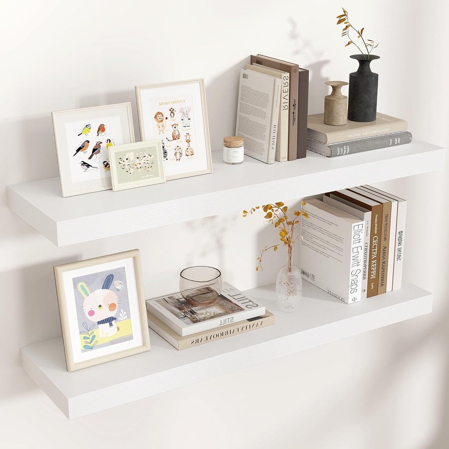 Floating Shelves for Wall, 2 Large Wall Mounted Shelves with Invisible Brackets, Long Wood Floating Wall Shelf Shelves for Living Room, Bedroom, Kitchen, (White, 36" W x 9" D x 1.5" H)