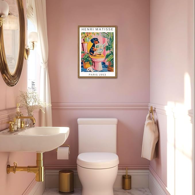 Funny Dog Bathroom Wall Art Henri Matisse Dachshund Bathroom Wall Decor Picture Whimsical Puppy Reading Newspaper in Toilet Poster Painting Canvas Print 12x16 inch Wood Framed